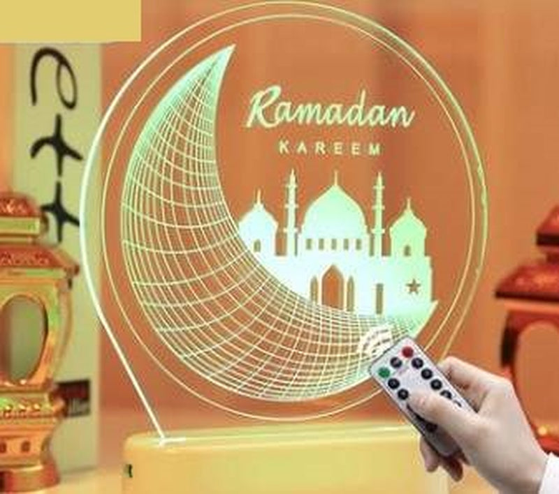 Acrylic and LED Hanging Pendant Plate, Ramadan Kareem Moon with LED String Light Ornament And Remote control, 16.3x6x19 cm