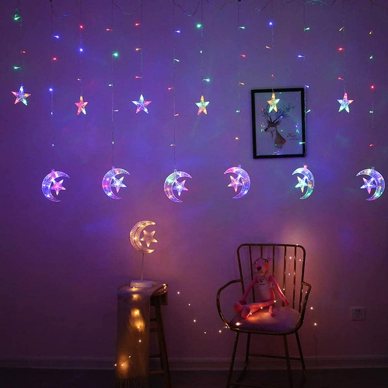 Twinkle LED Moon With Star Curtain Multi Color String Light, 3.5 Meters 8 Flashing Modes