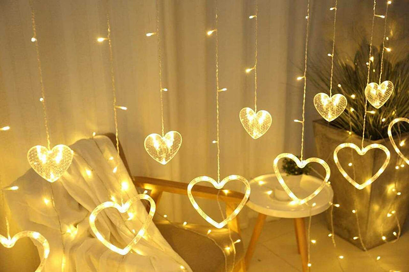 Twinkle LED Heart Curtain Warm White String Light, 3.5 Meters 8 Flashing Modes