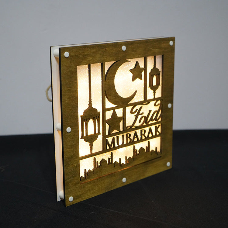 Eid Mubarak Wooden Framed Eid Hanging Decorative Lamp Night Light Home Desktop