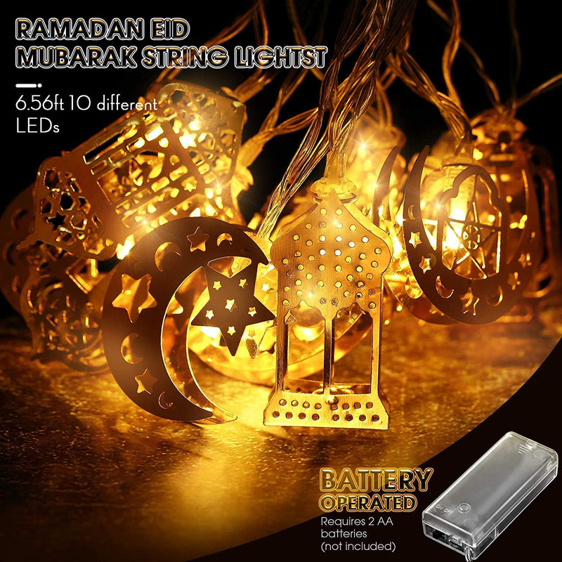 Ramadan String Lights, 6.56 Feet 10 LEDs Eid Moon Star Kerosene Lantern Lamp, Battery Operated for Ramadan  Party Supplies