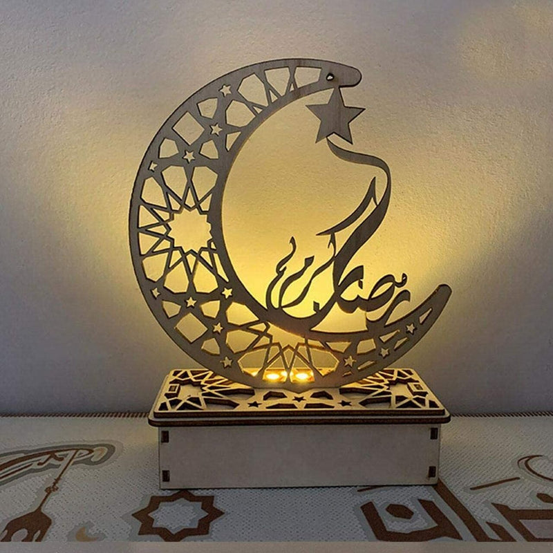 Wooden Hanging Pendant Plate, Ramadan Kareem with 6 LED String Light Ornament, 15x6x19cm