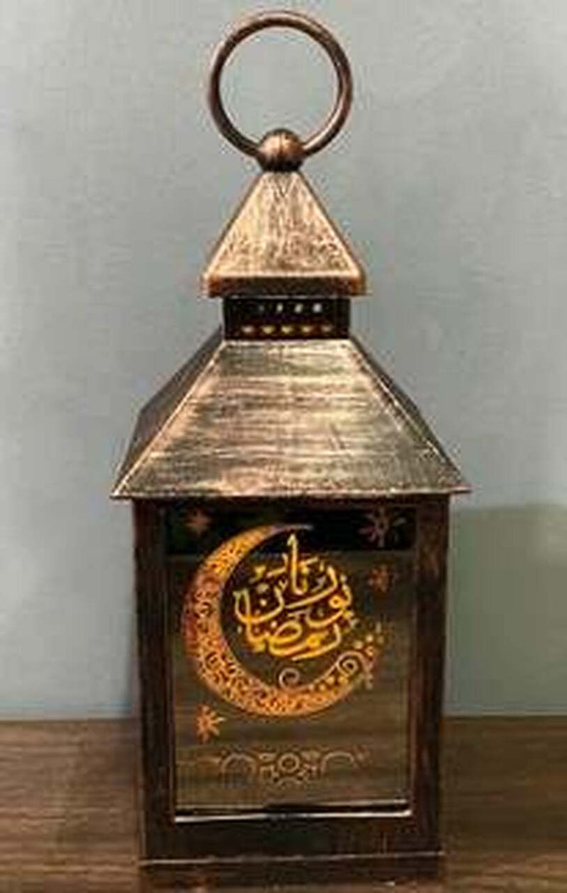 LED Ramadan Metal Lantern Wind Light Ornaments for Home Eid Mubarak Gold Color