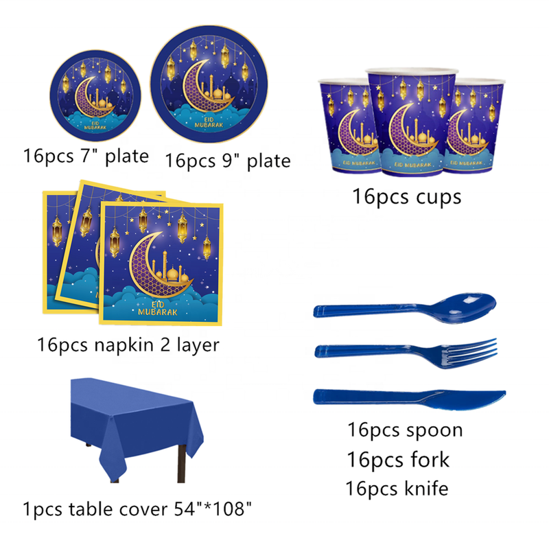 16 Guest Eid Mubarak Tableware Set Disposable Paper Plates Napkins Cups Table Cover Cutlery Eid Mubarak Party Supplies