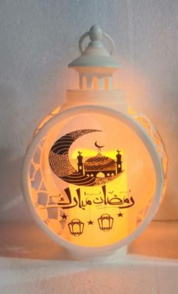 White Round Ramadan Mubarak Lamp EID Mubarak Party Fanous LED Hanging Lantern Warm Lights for Muslim Ramadan Eid Event