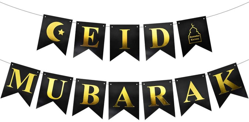 Eid Mubarak Banner Party Decoration Supplies Black And Gold (Ramadan Eid Event)