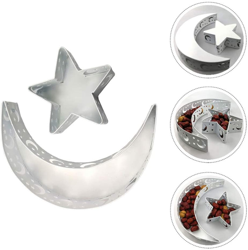 2 Pcs Ramadan Moon Star Shape Serving Tray Metal Eid Mubarak Dessert Pastry Tray Fruit Storage Plate Food Serving