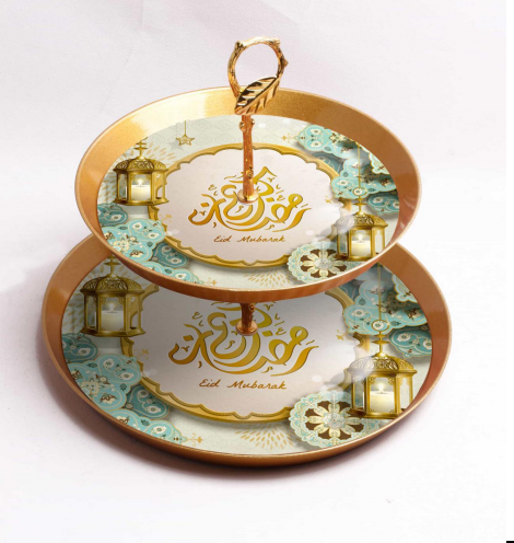 Round Food Serving Tray Glass Diner Plate Ramadan Kareem Double Platters Round Eid Tiered Serving Tray