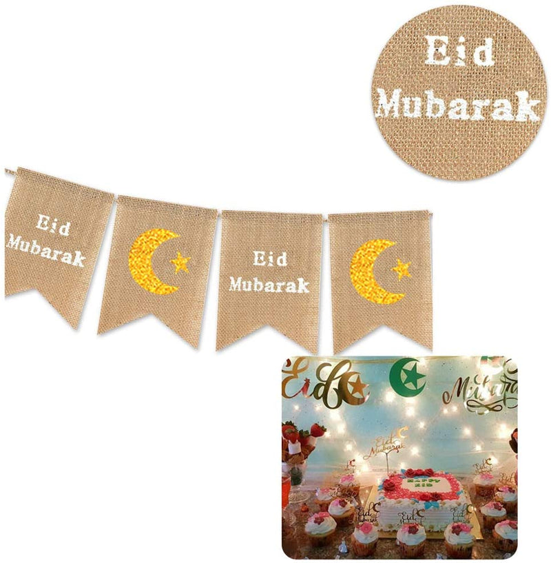 Eid Mubarak Golden Crescent Moon Banner Party Decoration Supplies Burlap (Ramadan Eid Event)