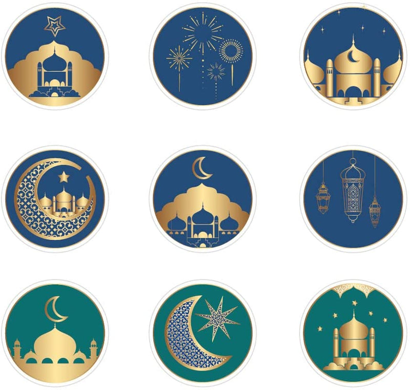 Pack of 12 Eid Mubarak Gift Bag  Blue and Green Plus Bonus of Beautiful Islamic Design Stickers