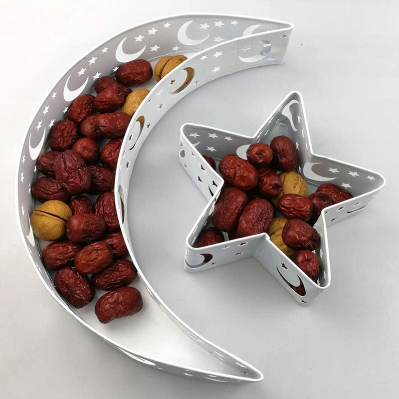 2 Pcs Ramadan Moon Star Shape Serving Tray Metal Eid Mubarak Dessert Pastry Tray Fruit Storage Plate Food Serving