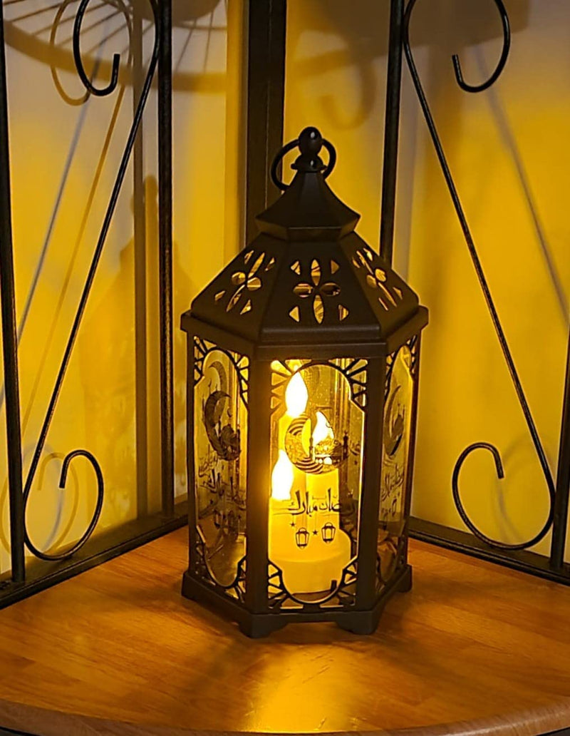 Ramadan Mubarak Lamp Black Fanous LED Hanging Lantern Warm Lights for Muslim Event Decorations