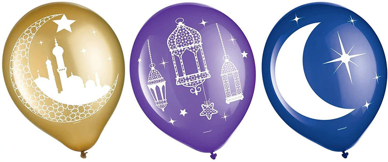 Amscan Crescent Moon and Mosque Eid Balloons, Party Supplies, 3 Assorted Colors, Latex, 15 Count