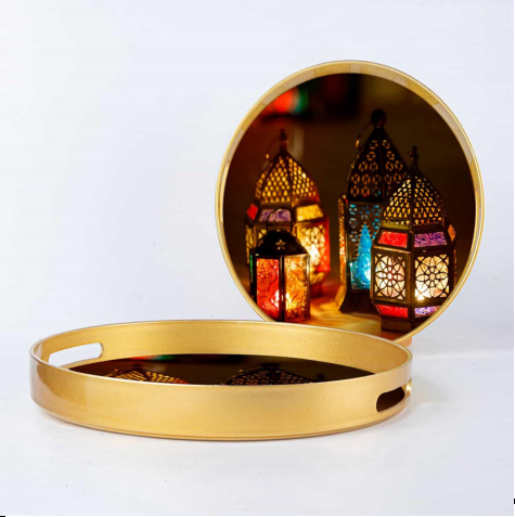 Round Food Serving Tray Glass Diner Plate Gold Colorful Perfect Platters for Ramadan Nights and Eid Mubarak Celebration n 2 Pcs
