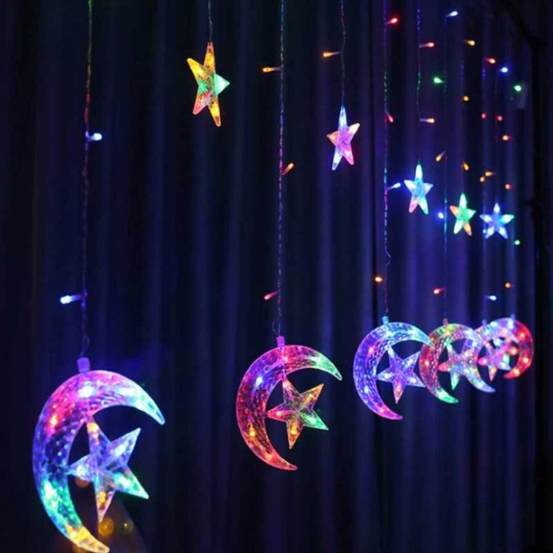 Twinkle LED Moon With Star Curtain Multi Color String Light, 3.5 Meters 8 Flashing Modes