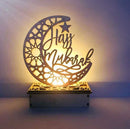 Wooden Hanging Pendant Plate, Hajj Mubarak with 6 LED String Light Ornament, 15x6x19cm