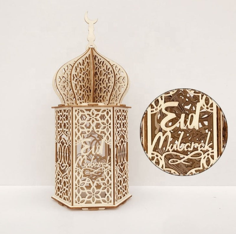 Wooden Lantern with LED Night Light, Eid Mubarak Decoration Ornament , 35X15X15cm