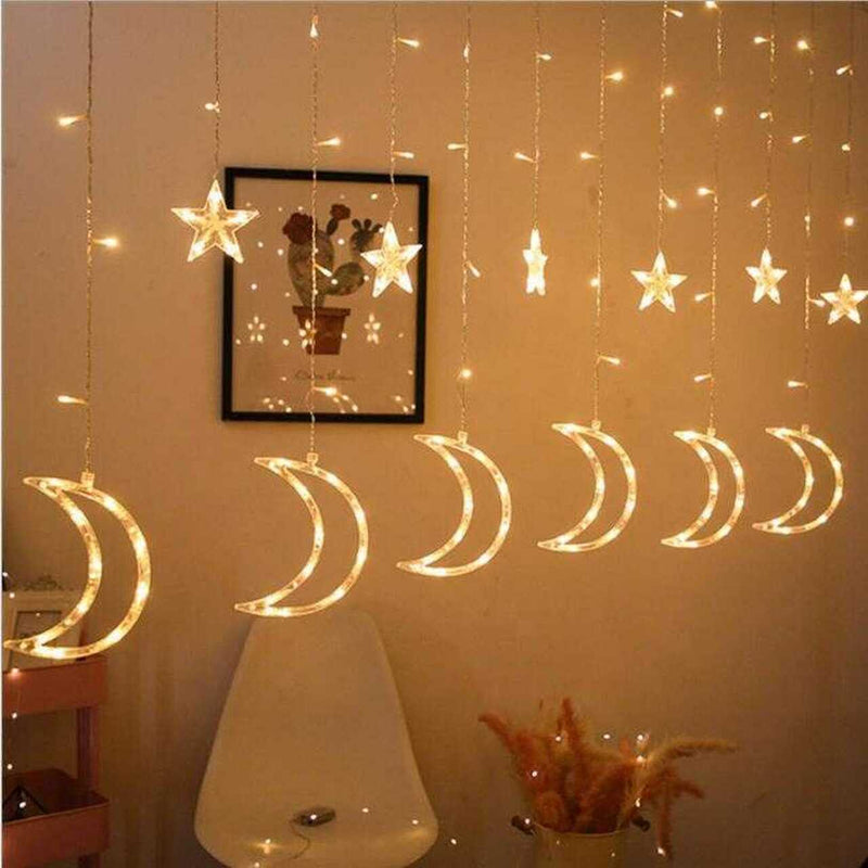 Ramadan Decorative Twinkle LED Moon and Star Curtain Warm White String Light, 3.5 Meters long