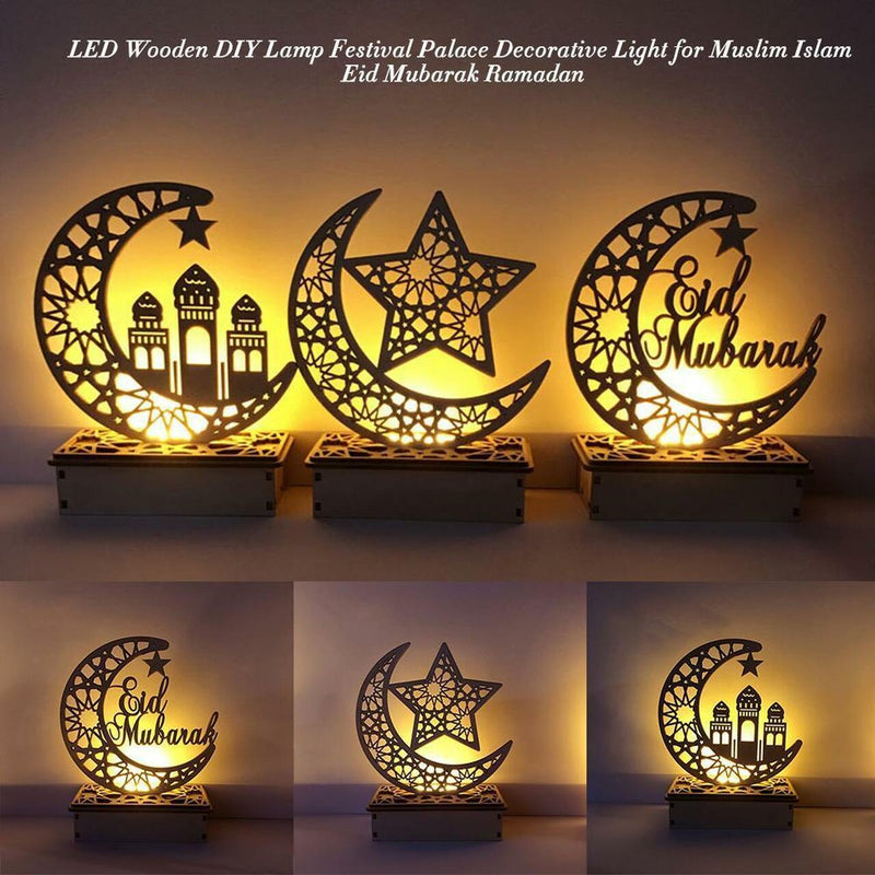 Wooden Hanging Pendant Plate, Moon Star Ramadan with 6 LED String Light Ornament, 15x6x19cm