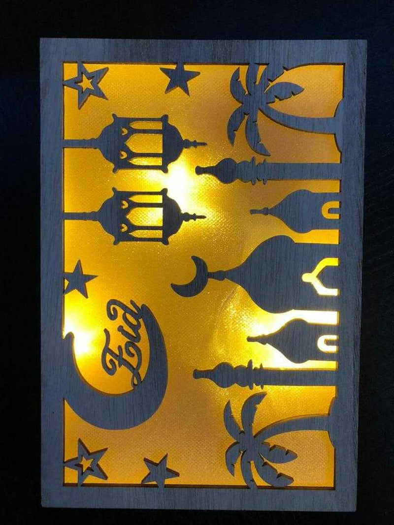 Wooden Rectangular Horizontal Plaque with Eid Mubarak LED Light Box