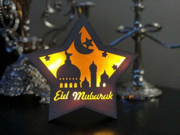 Wooden Star Plaque with Eid Mubarak LED Light Box