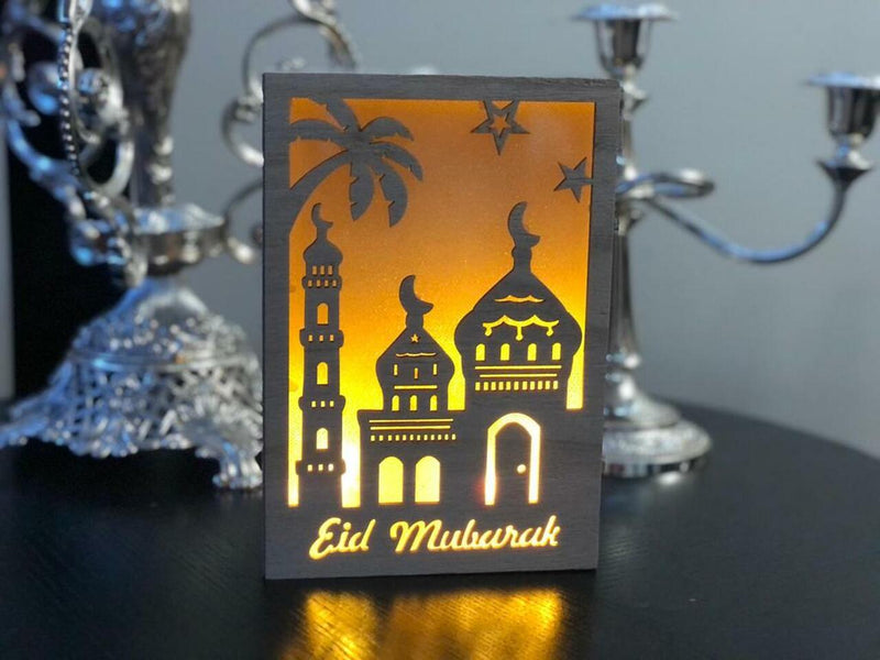 Wooden Rectangular Plaque with Eid Mubarak LED Light Box