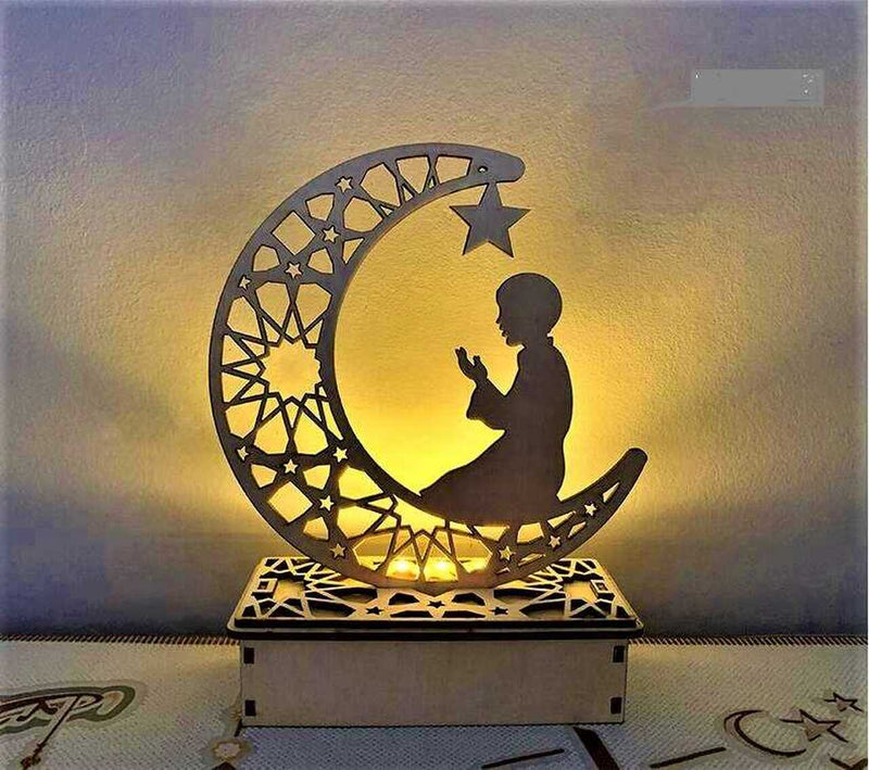 Wooden Hanging Pendant Plate, Prayer Ramadan with 6 LED String Light Ornament, 15x6x19cm