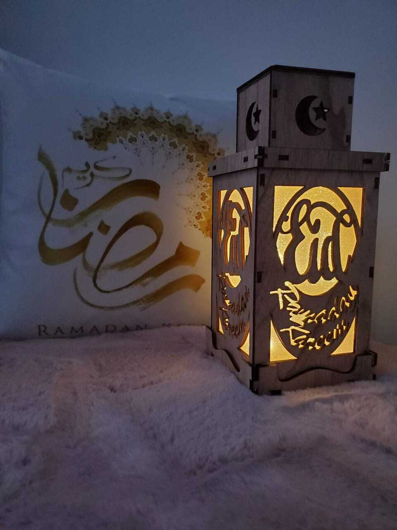 Wooden Lantern with LED Night Light, Decoration Ornament , 38X16X16cm Design 1