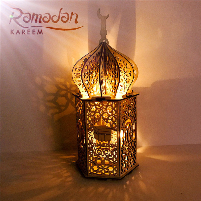 Wooden Lantern with LED Night Light, Kaaba Decoration Ornament , 35X15X15cm