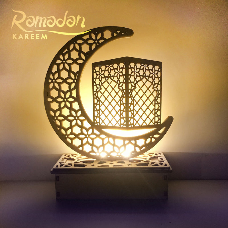 Wooden Hanging Pendant Plate, Kaaba Moon with 6 LED String Light Ornament, 15x6x19 cm