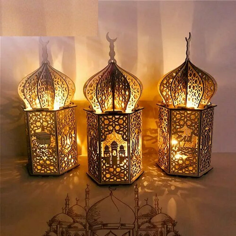Wooden Lantern with LED Night Light, Kaaba Decoration Ornament , 35X15X15cm