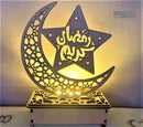 Wooden Hanging Pendant Plate, Moon Star Ramadan with 6 LED String Light Ornament, 15x6x19cm