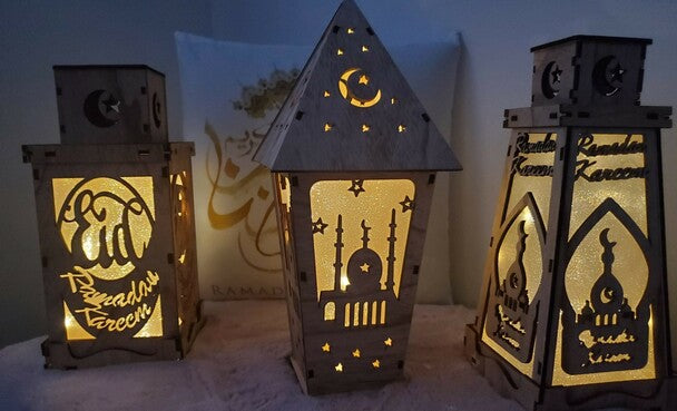 Wooden Lantern with LED Night Light, Decoration Ornament , 38X16X16cm Design 1