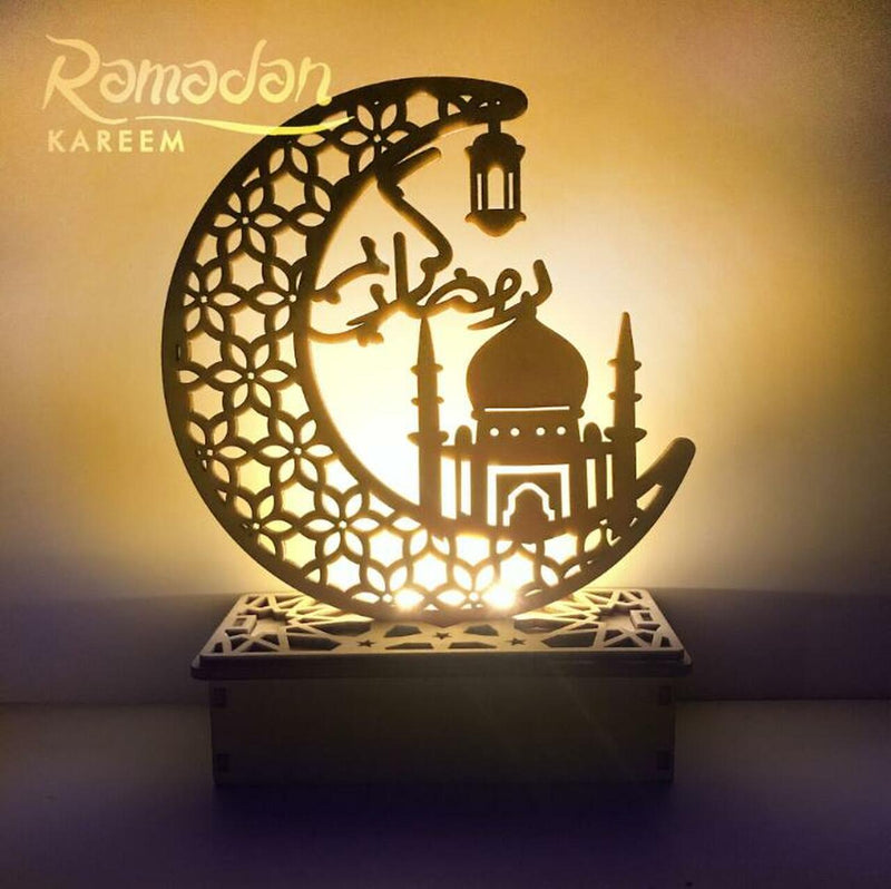 Wooden Hanging Pendant Plate, Mosque Ramadan with 6 LED String Light Ornament, 15x6x19cm