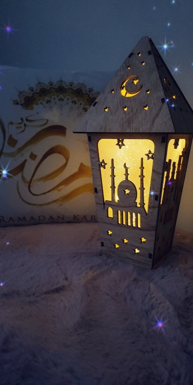 Wooden Lantern with LED Night Light, Decoration Ornament , 38X16X16cm Design 3